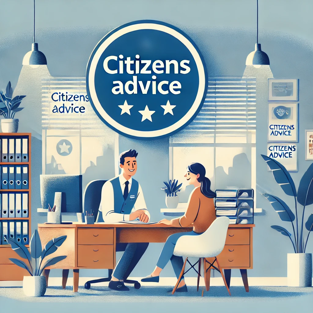 An illustration representing Citizens Advice. The scene features a welcoming office space with a large circular logo displaying 'Citizens Advice'