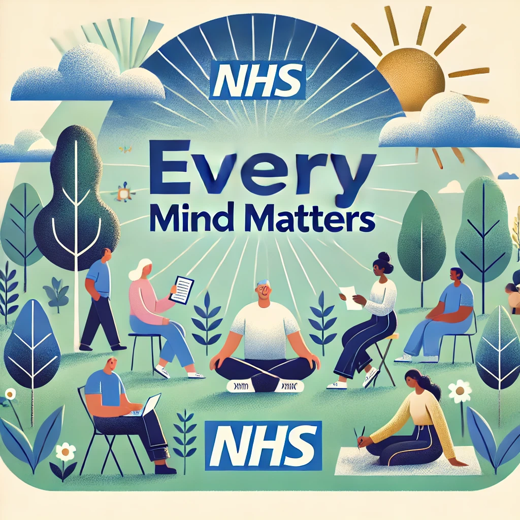 An illustration representing the NHS Every Mind Matters campaign. The scene includes a diverse group of individuals engaged in calming activities