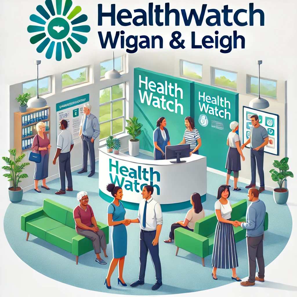 An illustration representing Healthwatch Wigan & Leigh. The scene features a modern community center with the Healthwatch logo displayed prominently