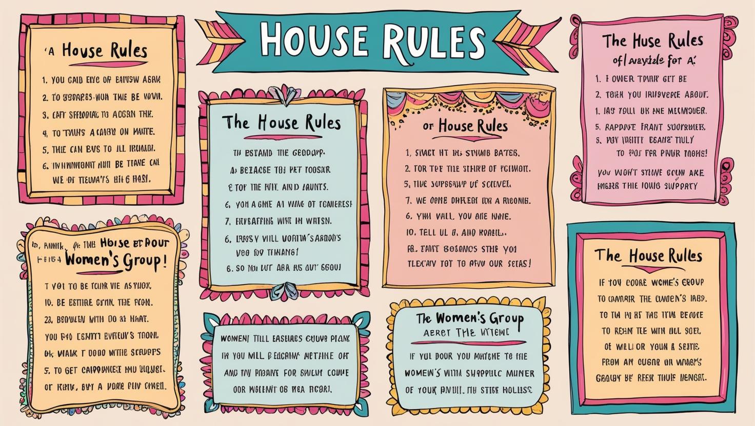 A visually appealing illustration for house rules. The scene includes a decorative board or poster on a wall with neatly written text such as 'Be Kind'