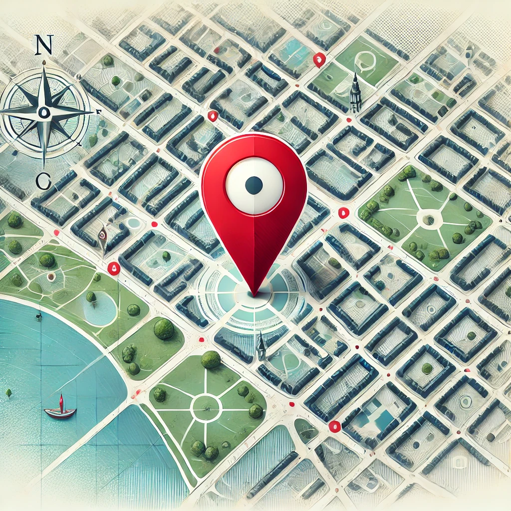 An artistic representation of a location on a map. The map features a red location pin placed prominently on a city street map with visible roads