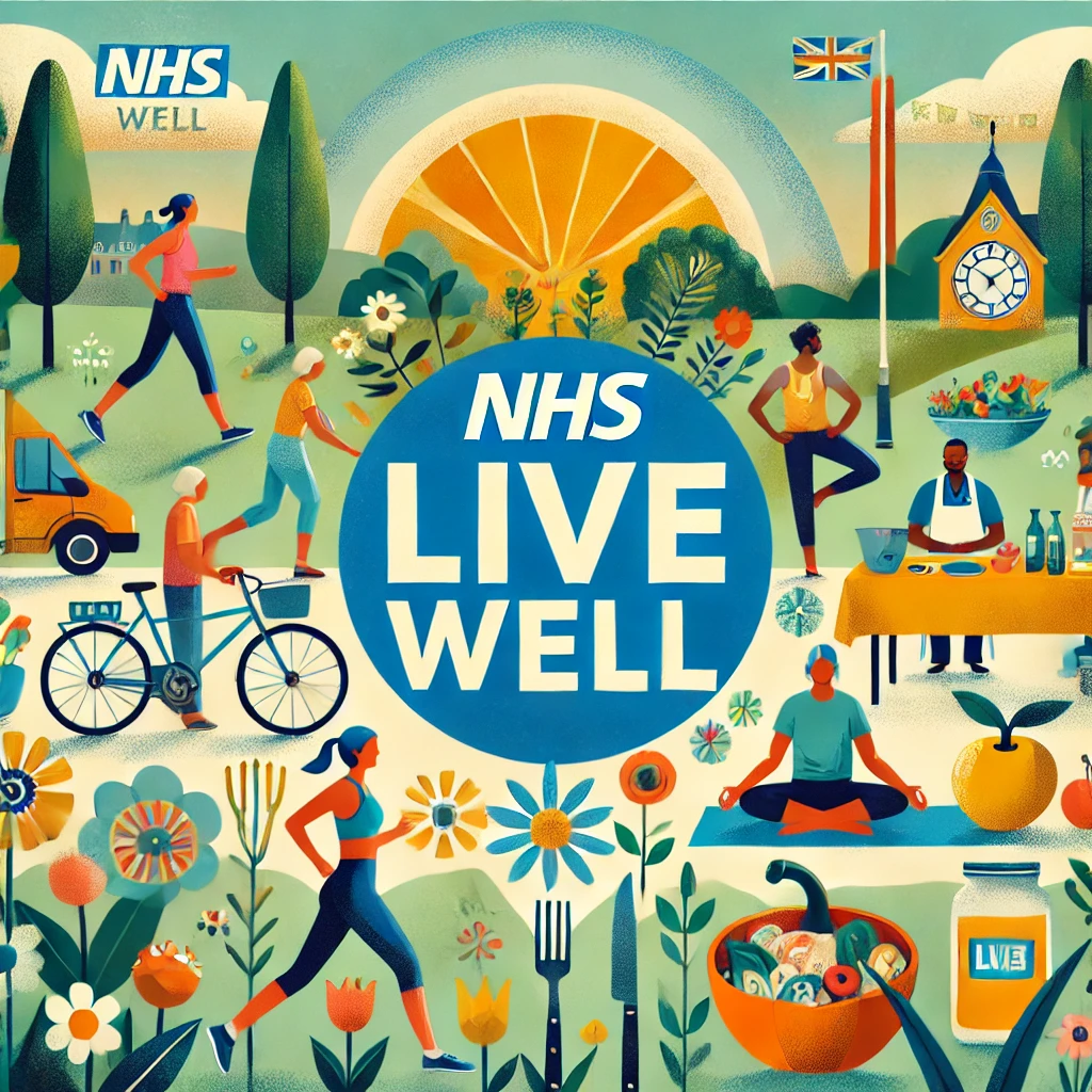 An illustration representing the NHS Live Well initiative. The scene showcases individuals engaging in healthy lifestyle activities, such as jogging