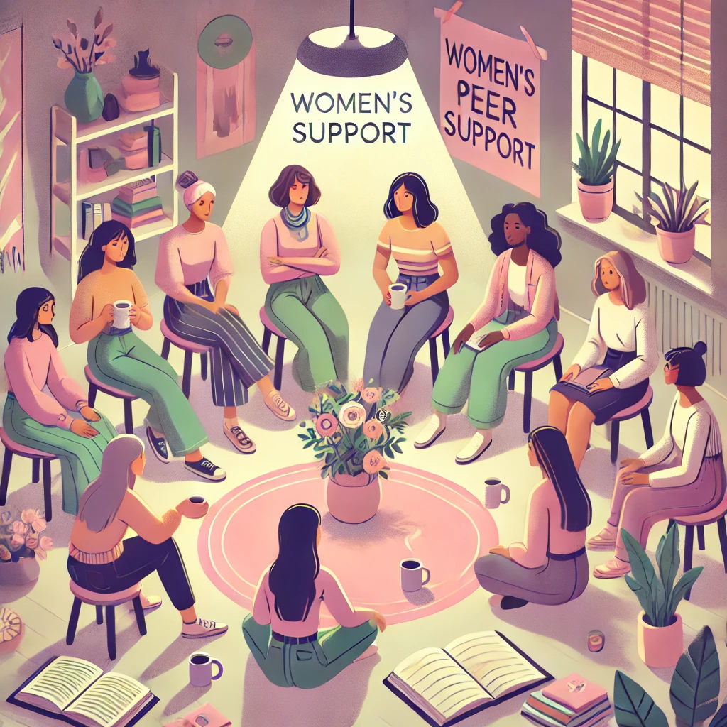 An illustration representing women's peer support. The scene features a group of diverse women sitting in a circle, engaging in conversation