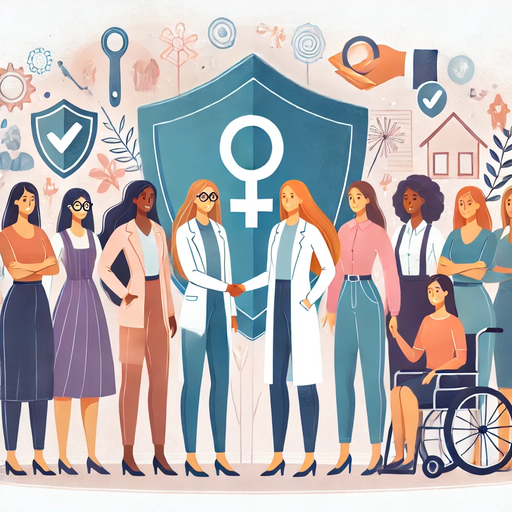 A professional illustration representing an inclusive safeguarding policy for women. The image features diverse women of different ethnicities, ages