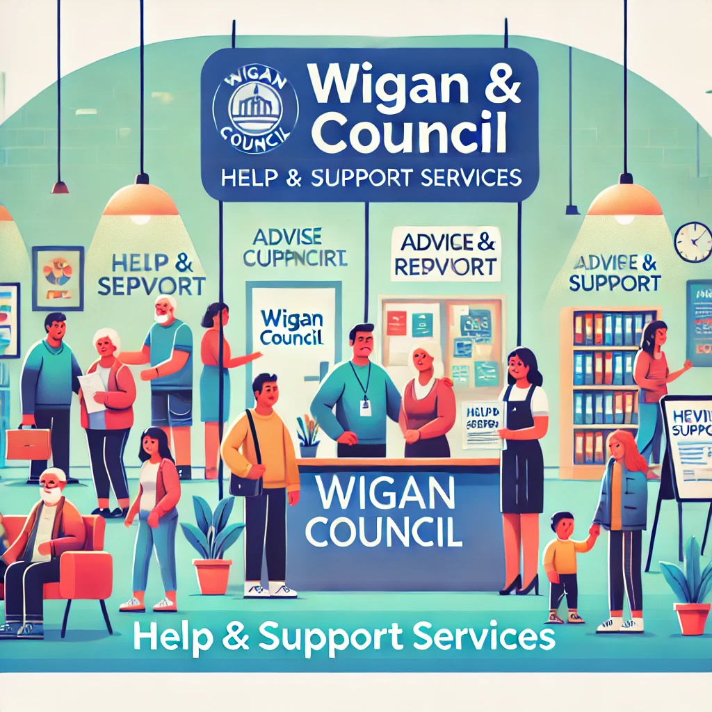 An illustration representing Wigan Council's Help & Support services. The scene features a welcoming community center with the Wigan Council logo