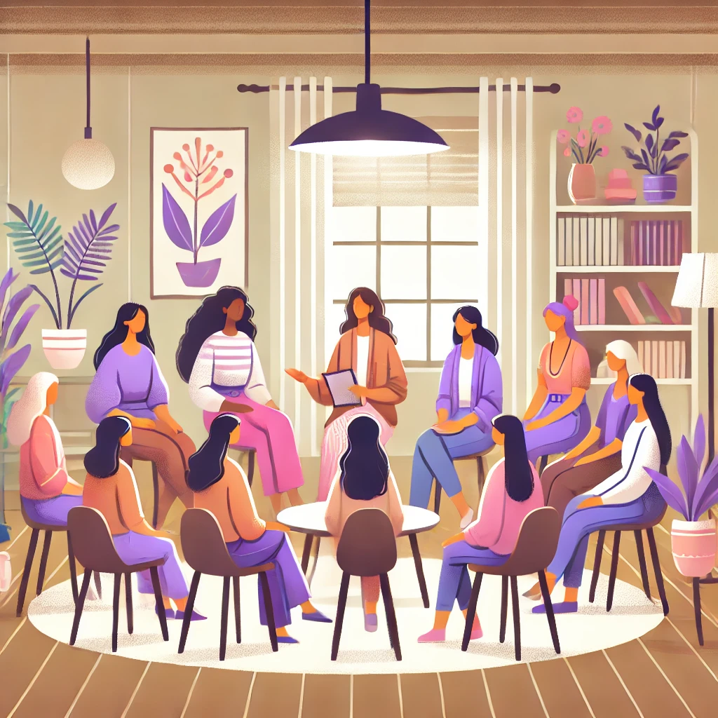 An illustration representing a women's support group. The scene shows a diverse group of women sitting together in a circle, sharing stories