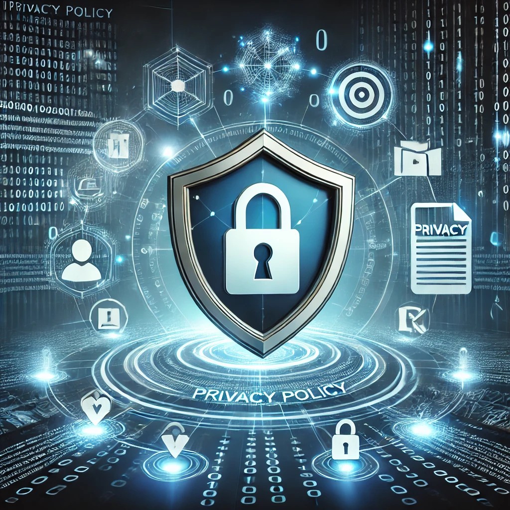 A conceptual image representing a privacy policy. The scene includes a shield symbol with a padlock in the center, surrounded by glowing icons